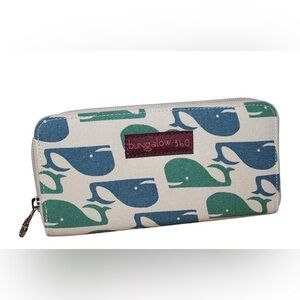 Bungalow 360 Zip-Around Wallet Blue & Green Whale Pattern Natural Cotton Canvas